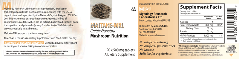 Maitake-MRL Tablets (Mycology Research Labs) Label