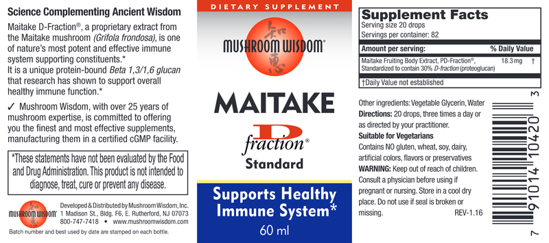 Maitake D Fraction (standard) (Mushroom Wisdom, Inc.) 60ml Label