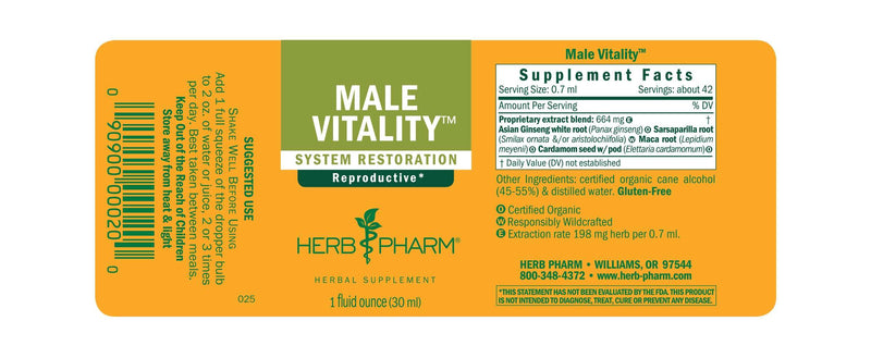 Male Vitality 1oz label | Herb Pharm