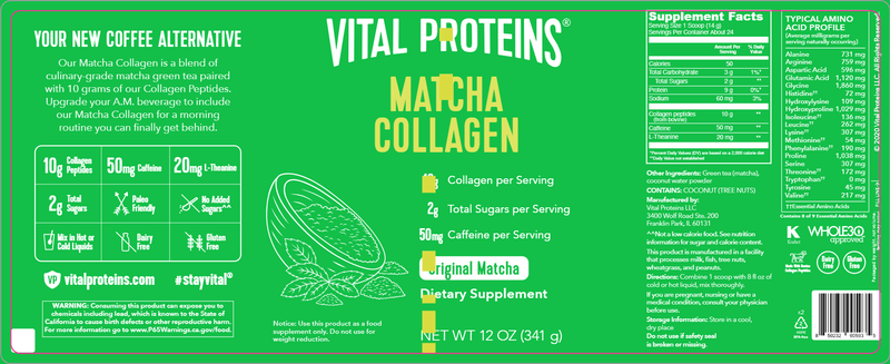 Matcha Collagen (Vital Proteins) Label