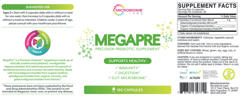 MegaPre - Prebiotic CAPSULES (Microbiome Labs) - A Precision Prebiotic to Support Key Gut Bacteria Label