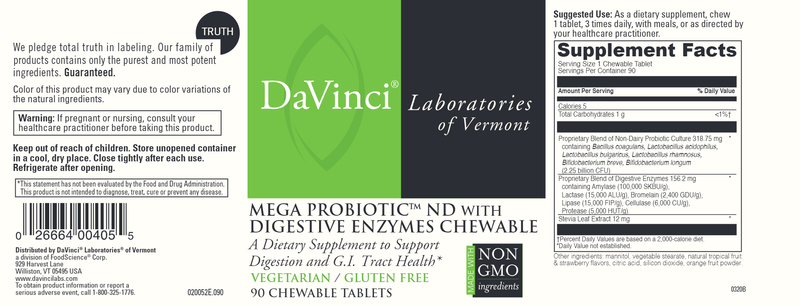 Mega Probiotic Nd With Digestive Enzymes Chewable Orange Flavor DaVinci Labs Label