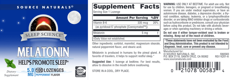Melatonin Peppermint 5 mg (Source Naturals) Label