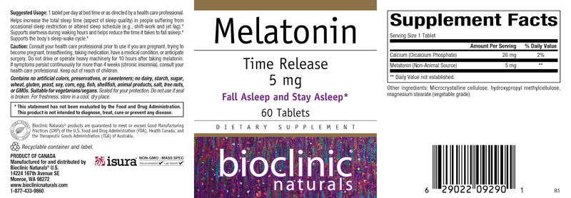 Melatonin Time Release 5 mg (Bioclinic Naturals) Label