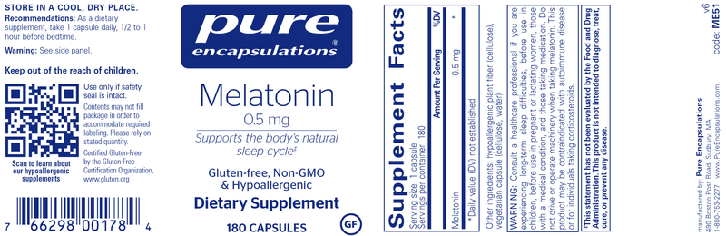 Melatonin 0.5 Mg. 180 caps (Pure Encapsulations) label