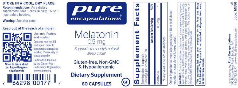 Melatonin 0.5 Mg. 60 caps (Pure Encapsulations) label