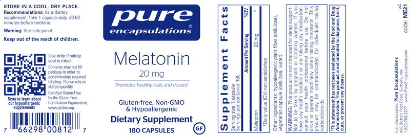 Melatonin 20 Mg. 180 caps (Pure Encapsulations) label