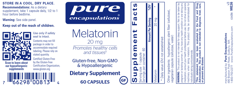 Melatonin 20 Mg. 60 caps (Pure Encapsulations) label