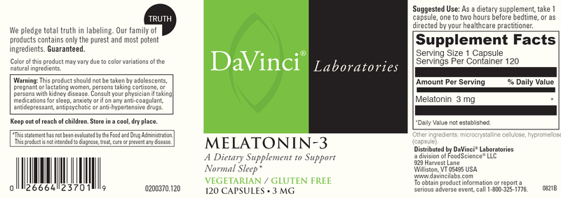 Melatonin 3 120 Capsules (DaVinci Labs) Label