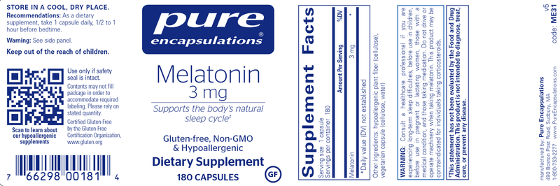 Melatonin 3 Mg. 180 caps (Pure Encapsulations) label
