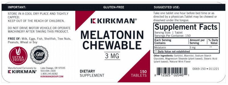 Melatonin Chewable 3 mg (Kirkman Labs) Label