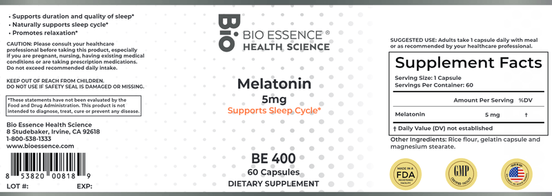Melatonin (Bio Essence Health Science) Label
