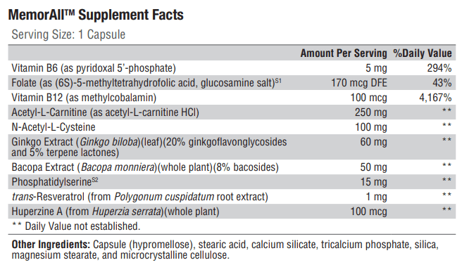 MemorAll (Xymogen) Supplement Facts