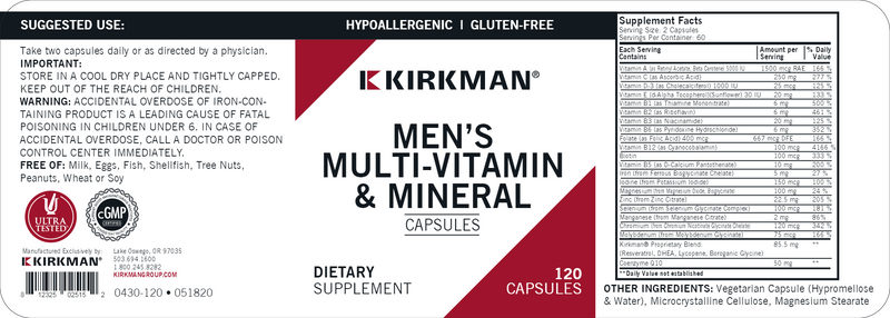 Men's Multi-Vitamin & Mineral (Kirkman Labs) Label