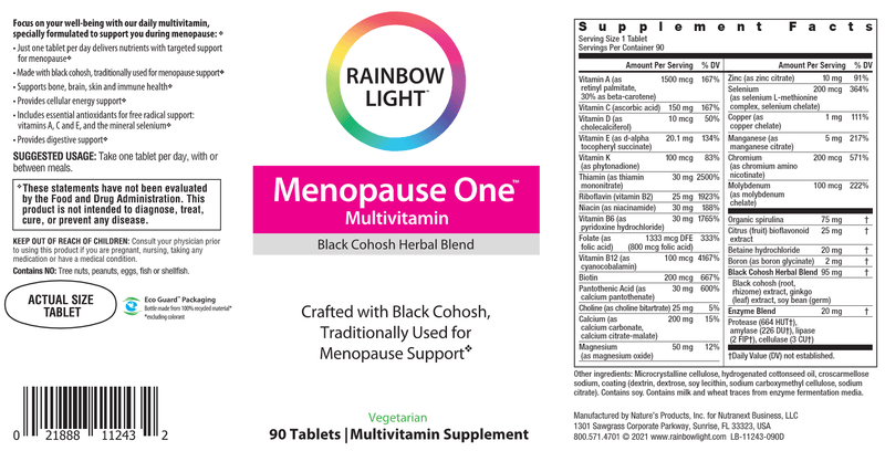 Menopause One Multivitamin (Rainbow Light Nutrition) Label