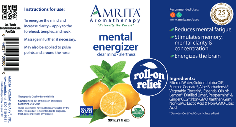Mental Energizer Roll-On Relief (Amrita Aromatherapy) Label