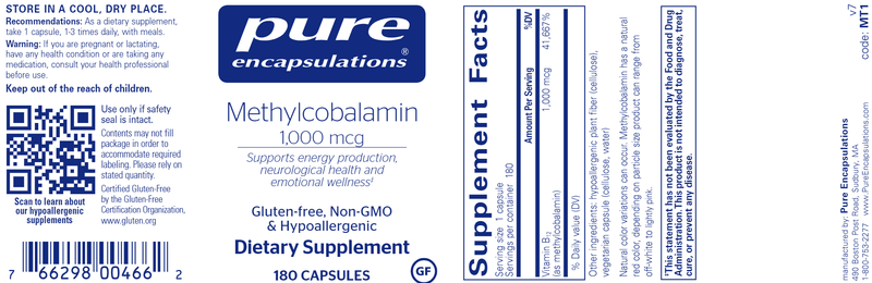 Methylcobalamin 180 caps (Pure Encapsulations) label