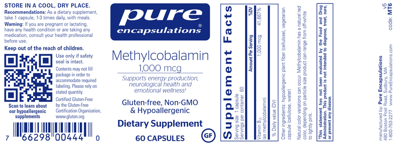 Methylcobalamin 60 caps (Pure Encapsulations) label