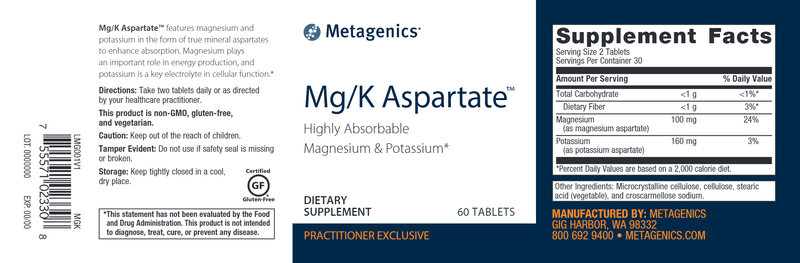 Mg/K Aspartate (Metagenics) Label