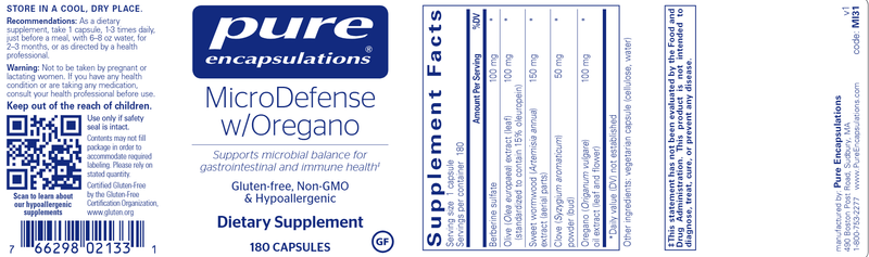 MicroDefense w/ Oregano 180 caps (Pure Encapsulations) label