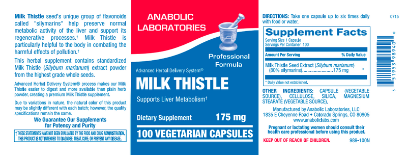 Milk Thistle 175 mg (Anabolic Laboratories) 100ct Label