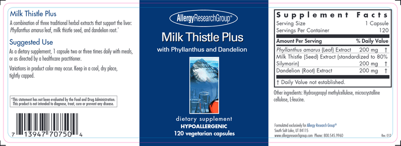 Milk Thistle Plus (Allergy Research Group) label