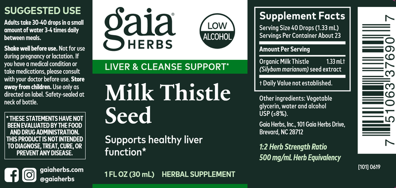 Milk Thistle Seed Low Alcohol 1oz (Gaia Herbs) Label