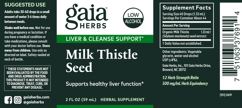 Milk Thistle Seed Low Alcohol 2oz (Gaia Herbs) Label