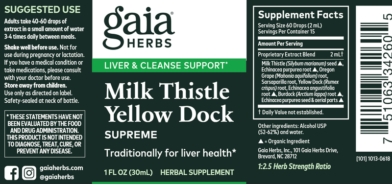 Milk Thistle Yellow Dock Supreme (Gaia Herbs) Label