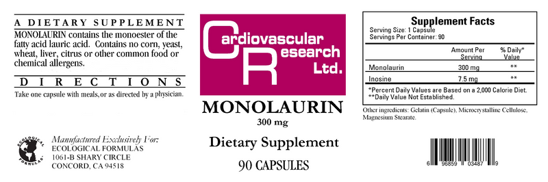 Monolaurin (Lauric Acid) 300 mg (Ecological Formulas) Label