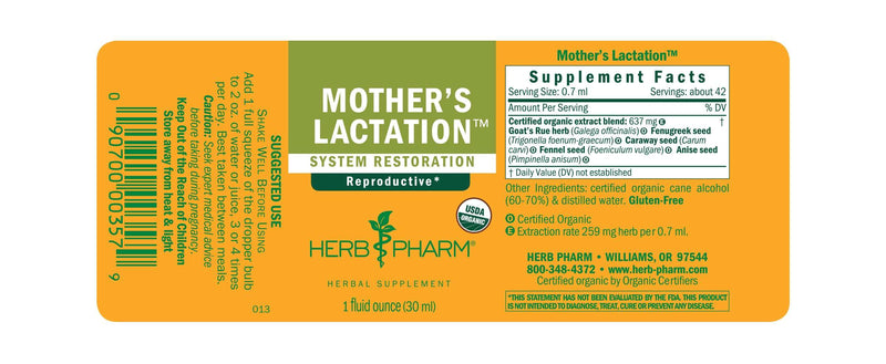 Mother's Lactation Tonic Compound label | Herb Pharm