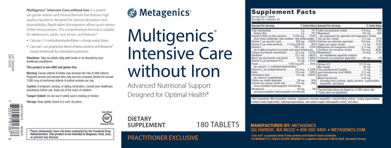 Multigenics Intensive Care without Iron (Metagenics) Label