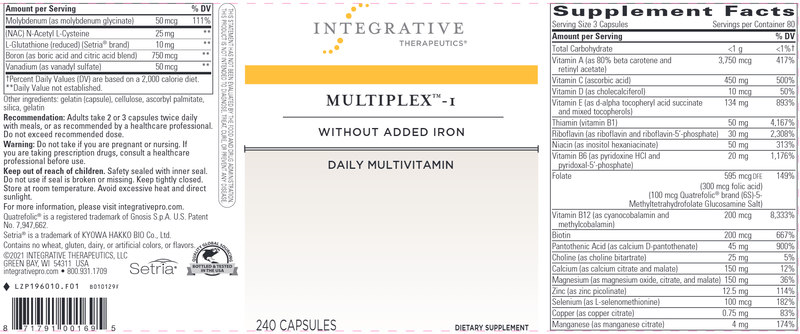 Multiplex-1 No Iron Sensitive Systems (Integrative Therapeutics) Label