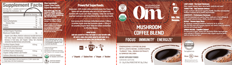 Mushroom Coffee 10 Pack (Om Mushrooms) label