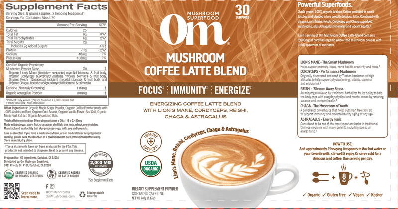 Mushroom Coffee Latte Blend (Om Mushrooms) label