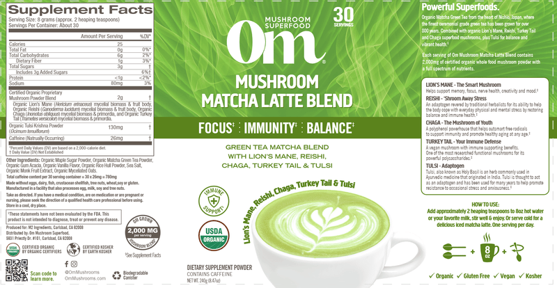 Mushroom Matcha Latte Blend (Om Mushrooms) Label