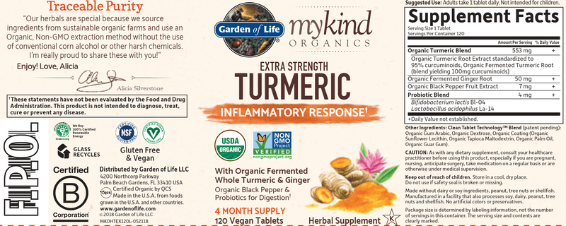 MyKind Organics Extra Strength Turmeric (Garden of Life) 120s Label