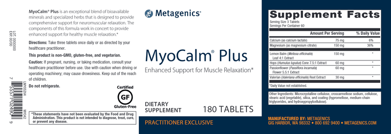 MyoCalm Plus (Metagenics) 180ct Label