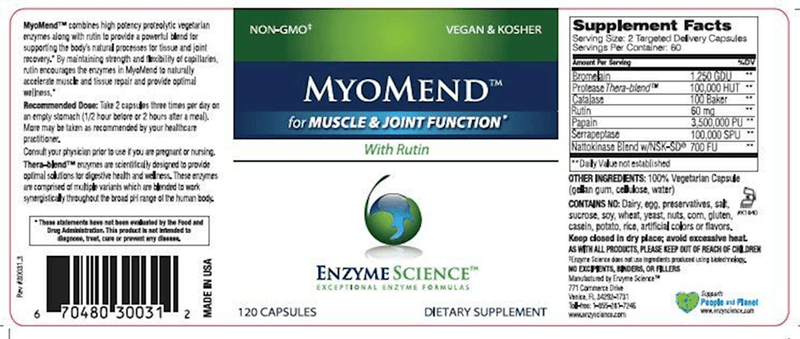 MyoMend 120 Caps Enzyme Science Label