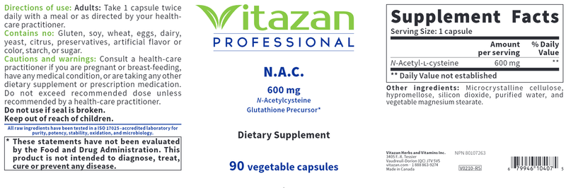 N.A.C. 600 mg (Vitazan Pro) Label