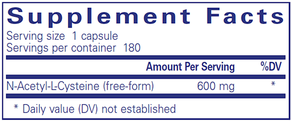 NAC (n-acetyl-l-cysteine) 600 mg 180 caps (Pure Encapsulations) supplement facts