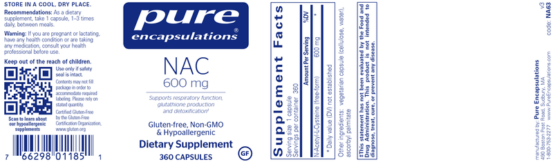 NAC (n-acetyl-l-cysteine) 600 mg 360 caps (Pure Encapsulations) label