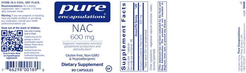 NAC (n-acetyl-l-cysteine) 600 mg 90 caps (Pure Encapsulations) label