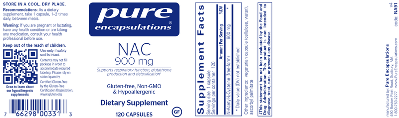 NAC (n-acetyl-l-cysteine) 900 mg 120 caps (Pure Encapsulations) label