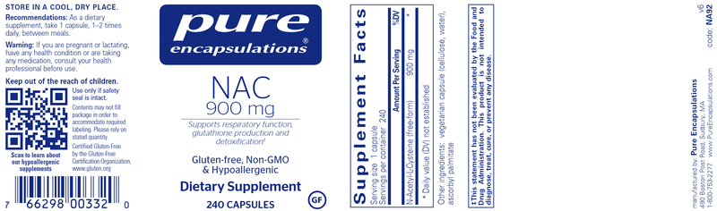 NAC (n-acetyl-l-cysteine) 900 mg 240 caps (Pure Encapsulations) label