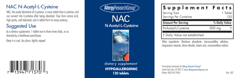 NAC N-Acetyl-L-Cysteine (Allergy Research Group) label