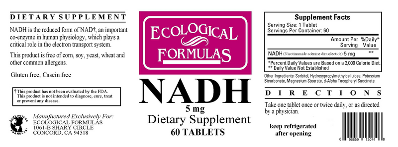NADH 5 mg (Ecological Formulas) 60ct Label
