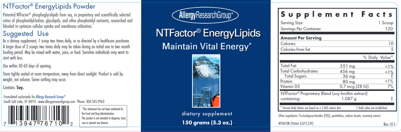 NTFactor® EnergyLipids Powder (Allergy Research Group) label