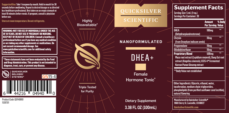 Nanoformulated DHEA+ (Quicksilver Scientific) 100ml Label