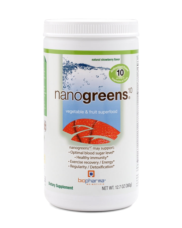 Nanogreens10 Strawberry 12.7 oz (BioPharma Scientific) Front